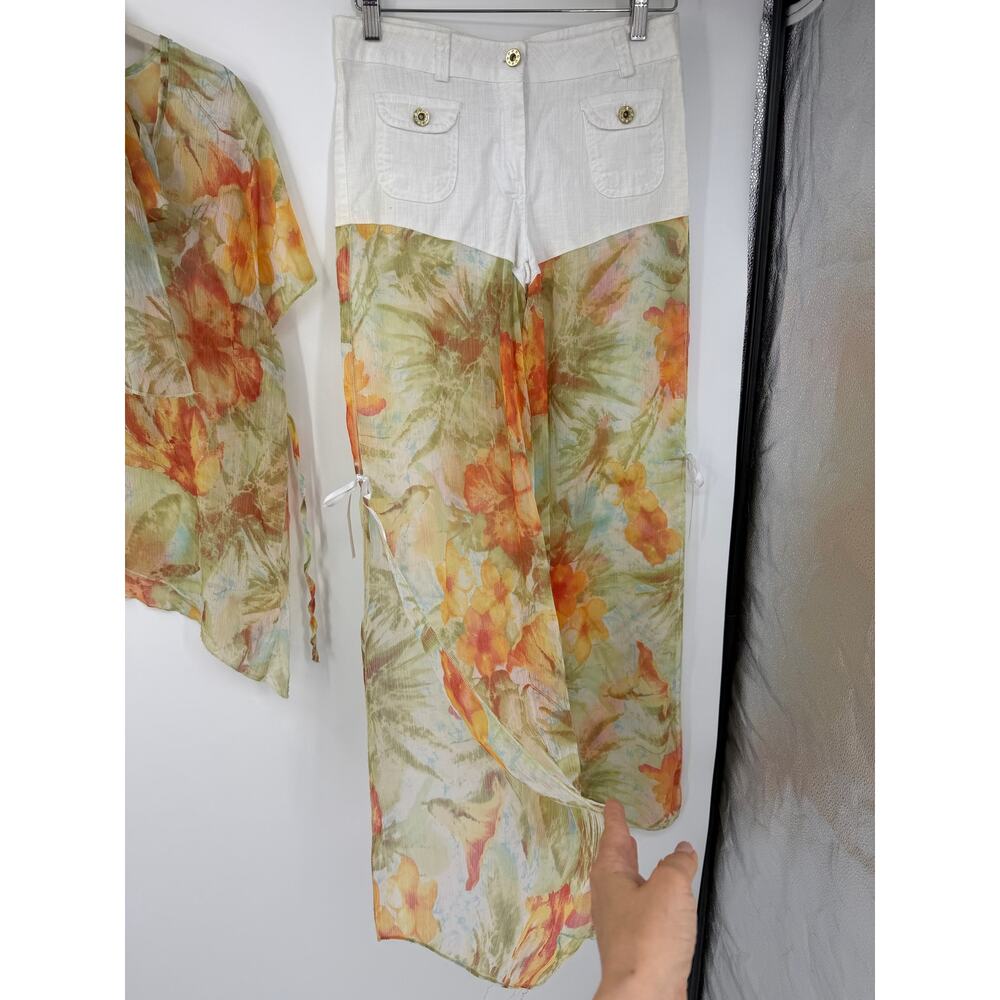 Womens Boho Sheer Floral 2pc Set Palazzo Pants Overlay Shorts Resort Y2K Size L - Picture 8 of 16